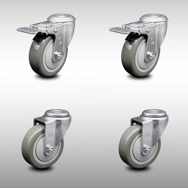 4 Inch SS Gray Polyurethane Swivel Bolt Hole Caster Set with 2 Total Lock Brake